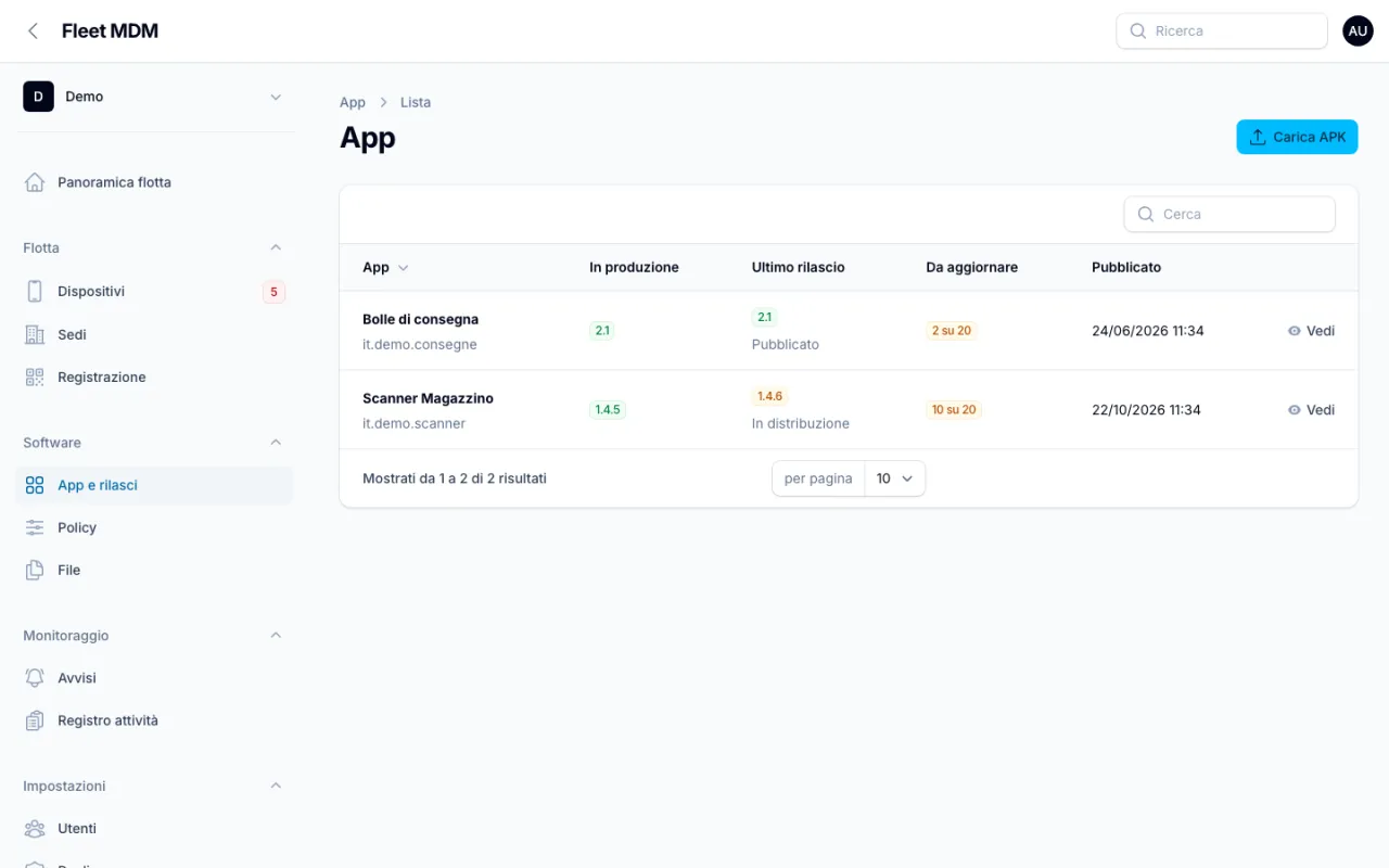 Elenco App e rilasci con Scanner Magazzino in distribuzione e Bolle di consegna pubblicata
