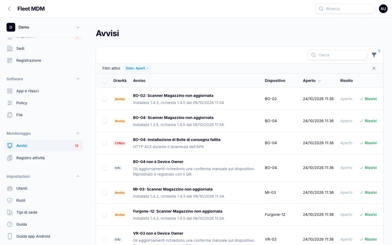 Avvisi aperti: Scanner Magazzino non aggiornata, installazione di Bolle di consegna fallita con HTTP 403, terminali non Device Owner
