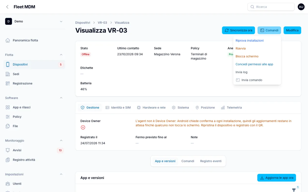 Scheda del terminale VR-03 offline con il menu Comandi aperto: riprova installazioni, riavvia, blocca schermo, invia log