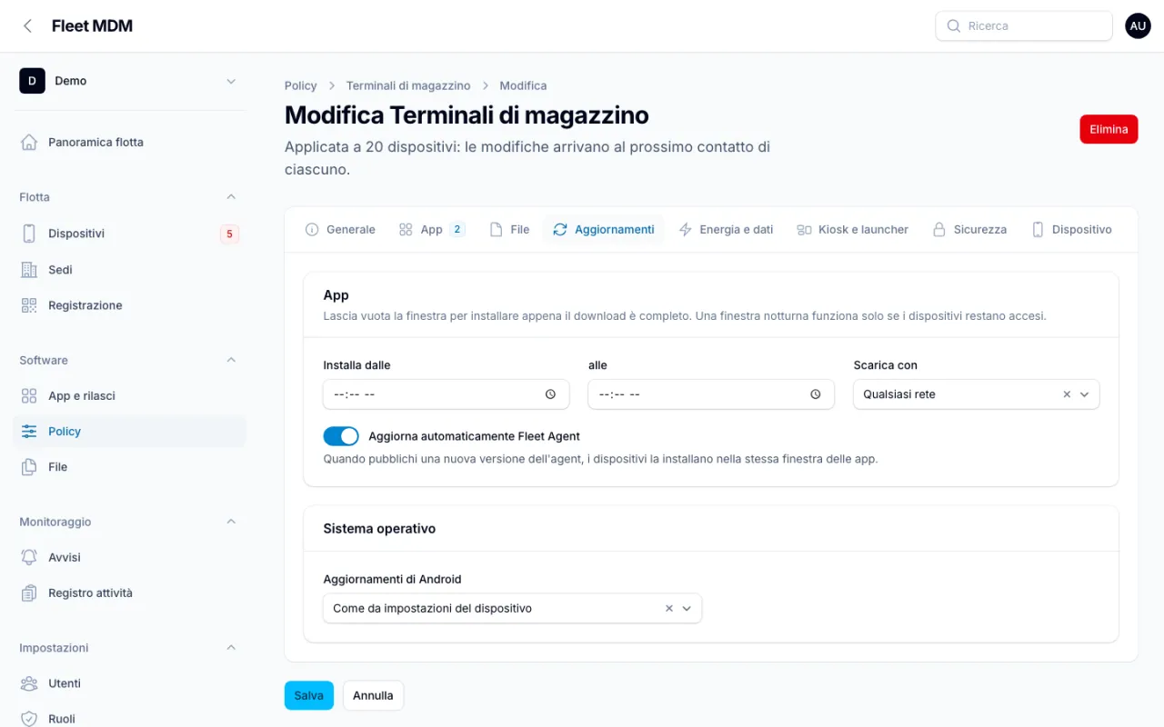 Scheda Aggiornamenti della policy con finestra di installazione, rete e aggiornamenti di Android
