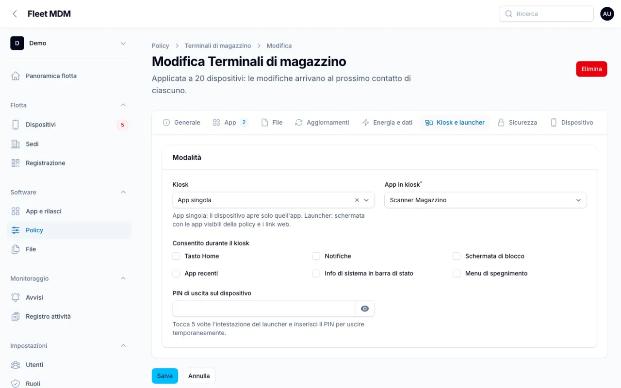 Scheda Kiosk e launcher della policy con App singola, Scanner Magazzino e funzioni consentite