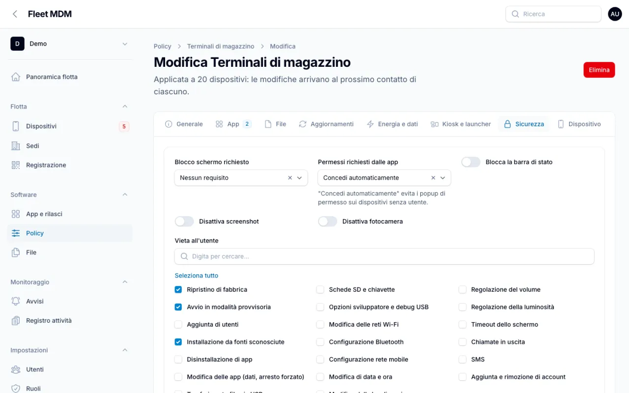 Scheda Sicurezza della policy con permessi automatici e restrizioni come ripristino di fabbrica vietato