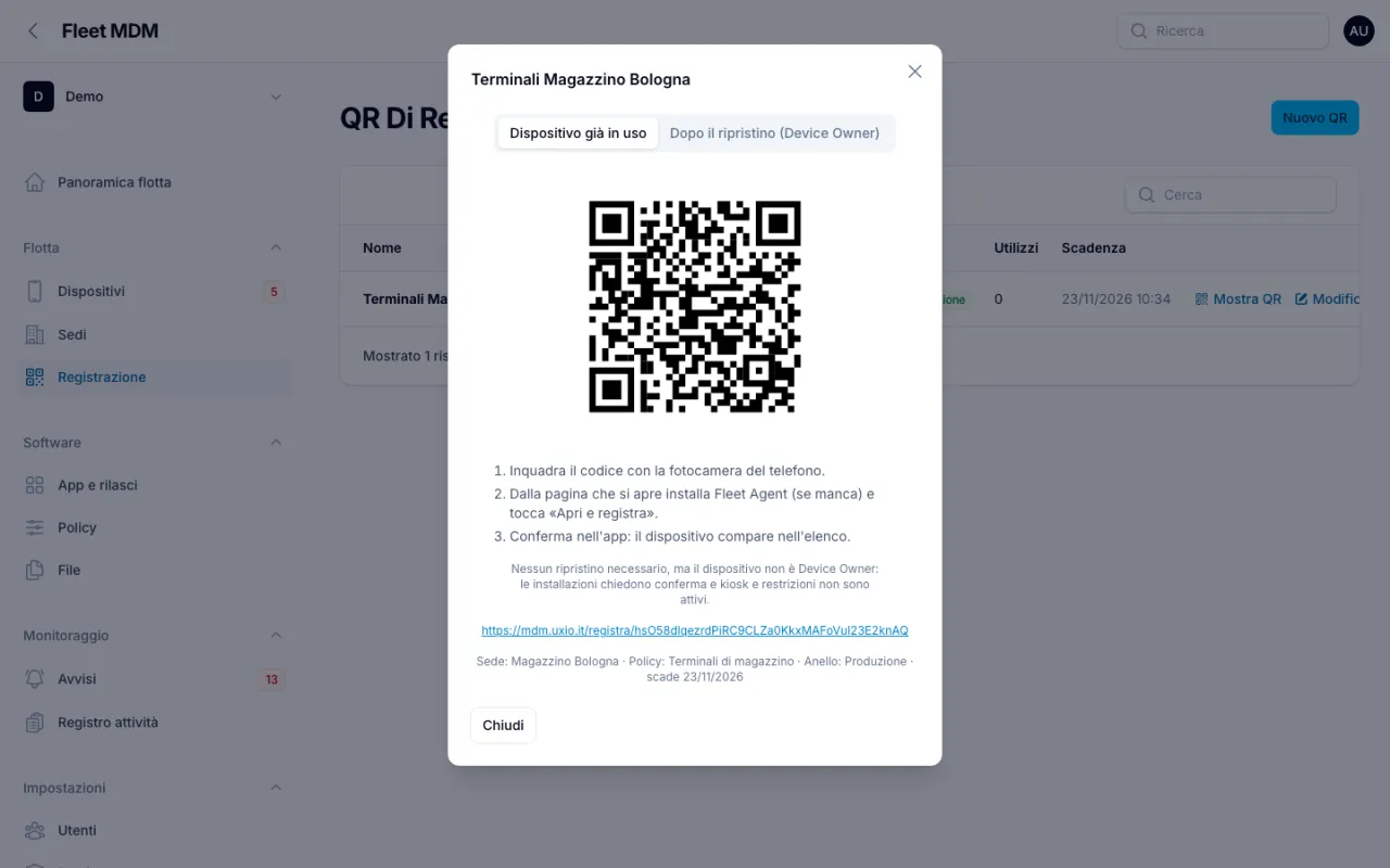 Finestra del QR di registrazione con le schede Dispositivo già in uso e Dopo il ripristino