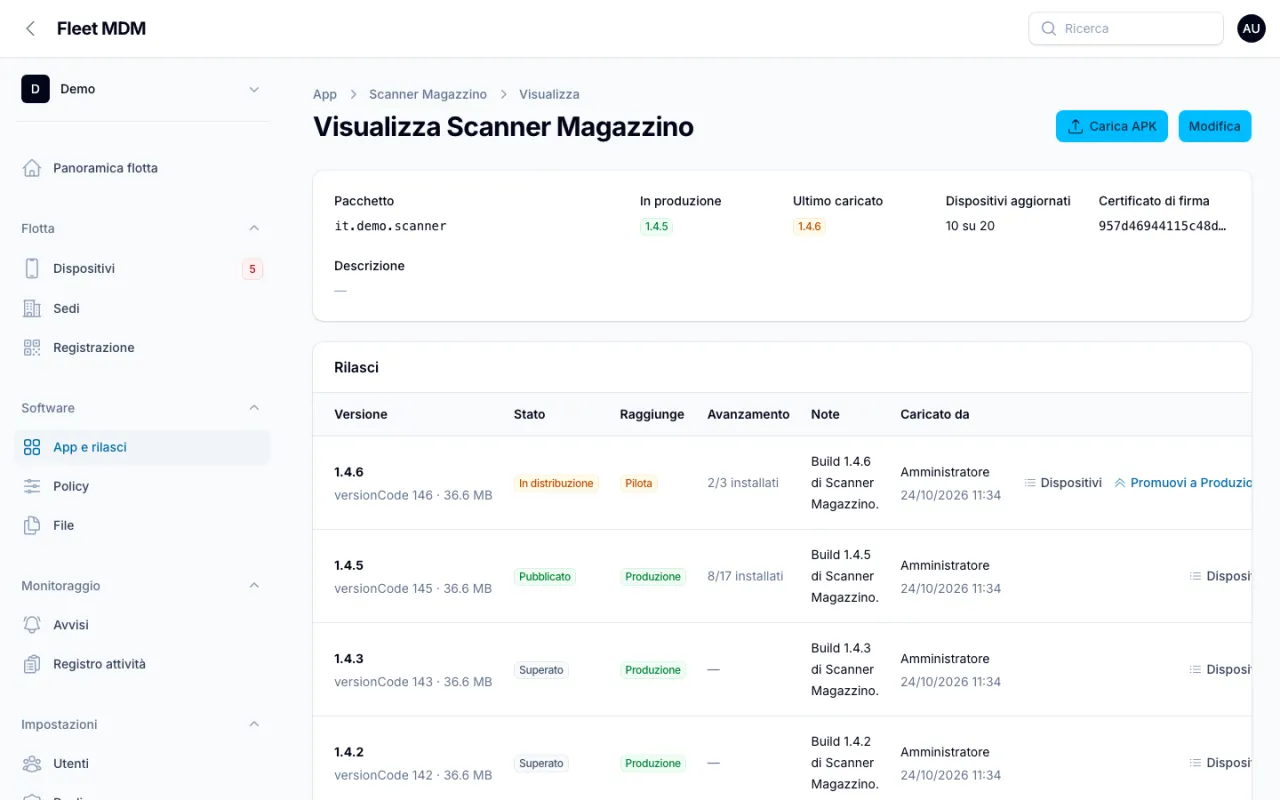 Scheda dell'app Scanner Magazzino con il rilascio 1.4.6 in distribuzione sull'anello Pilota